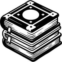 Closed stacked vintage books with bookmarks in monochrome. Simple minimalistic in black ink drawing on white background vector