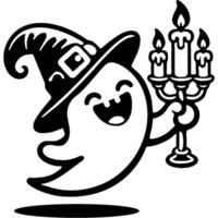 Laughing ghost dressed in witch hat flies and carries a candlestick with burning candles in her hand in monochrome. Simple minimalistic in black ink drawing on white background vector