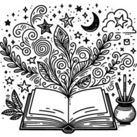 Open magic book with nature spell in monochrome. Simple minimalistic in black ink drawing on white background vector