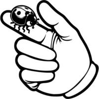 Spotted ladybug landed on finger of caring ecologist in monochrome. Simple minimalistic in black ink drawing on white background vector