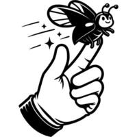 Hand of caring zoologist lets beetle fly to freedom in monochrome. Simple minimalistic in black ink drawing on white background vector