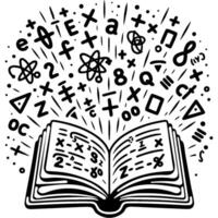 Mathematical and physical formulas fly out of an open book in monochrome. Simple minimalistic in black ink drawing on white background vector