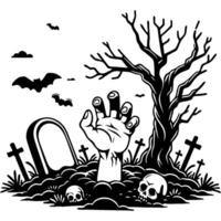 Zombie hand crawling out of grave in old cemetery in monochrome. Simple minimalistic in black ink drawing on white background vector