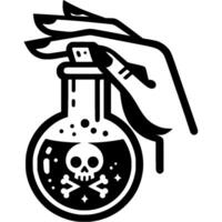 Witch female hand caps flask with poisonous potion in monochrome. Simple minimalistic in black ink drawing on white background vector