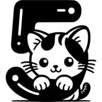 Little kitten hid behind the number five digit in kitty style in monochrome. Simple minimalistic in black ink drawing on white background vector