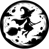 Silhouette of witch dressed in witch clothes and hat flying against background of full moon in monochrome. Simple minimalistic in black ink drawing on white background vector