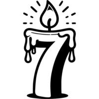 Number seven, 7 in shape of lit hot candle for decorating birthday cake in monochrome. Simple minimalistic in black ink drawing on white background vector