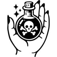 Female witch hand holds flask with dangerous potion in her palm in monochrome. Simple minimalistic in black ink drawing on white background vector