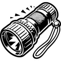 Battery powered pocket travel flashlight in monochrome. Element of tourist equipment. Simple minimalistic in black ink drawing on white background vector