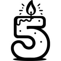 Number five in shape of lit hot candle for decorating birthday cake in monochrome. Simple minimalistic in black ink drawing on white background vector