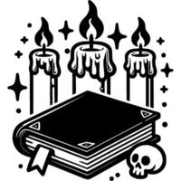 Closed witch book and lit burning candles in monochrome. Simple minimalistic in black ink drawing on white background vector