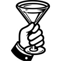 Hand of visitor to establishment holds glass of tequila in monochrome. Simple minimalistic in black ink drawing on white background vector