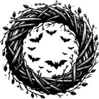 Dried Halloween Round Wreath Woven From Dry Branches in monochrome. Simple minimalistic in black ink drawing on white background vector