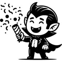 Boy dressed as friendly vampire popping confetti popper on Halloween in monochrome. Simple minimalistic in black ink drawing on white background vector