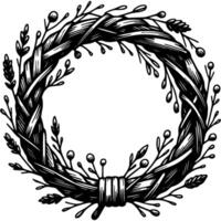 Halloween round wreath woven from dry branches in monochrome. Simple minimalistic in black ink drawing on white background vector