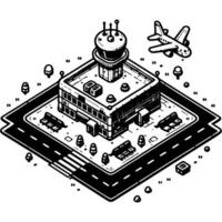 Airport building with adjacent territory in monochrome. Observation tower behind aircraft. Simple minimalistic in black ink drawing on white background vector