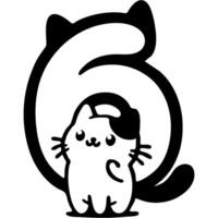 Little kitten sitting in front of the number six digit in kitty style in monochrome. Simple minimalistic in black ink drawing on white background vector
