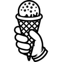 Hand of pastry chef gives scoop of ice cream in waffle cone in monochrome. Simple minimalistic in black ink drawing on white background vector