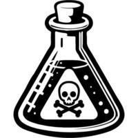 Triangular glass flask with dangerous liquid sealed with a stopper in monochrome. Simple minimalistic in black ink drawing on white background vector