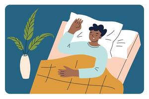 illustration of a man peacefully sleeping in bed, covered with a blanket. Cozy scene with comfortable bedding. Sleep hygiene and bedtime habits. Ideal for themes of relaxation, and wellness vector