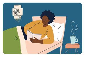 illustration in flat, cartoon style. A woman relaxing in bed with a book, a cozy evening routine. Serene bedroom setting, comfort and leisure before sleep, bedtime habits and evening routine vector