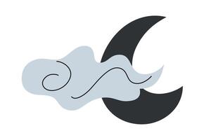 A simple and elegant illustration of a crescent moon covered by a swirling cloud. The flat, cartoon style design for Halloween parties, minimalistic elements, calm, magical nighttime scene vector
