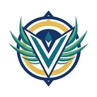 the v logo with wings and a blue and green color scheme vector