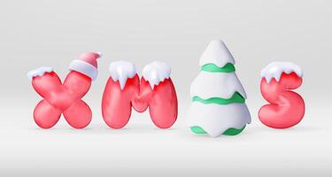 3D Christmas tree in snow and red balloon xmas word. Render spruce, evergreen tree xmas text. vector