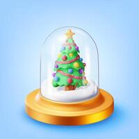3D glass christmas snow globe with tree isolated. Render spere podium with fir tree vector