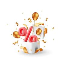 3D opened gift box with percentage symbol and confetti inside. vector