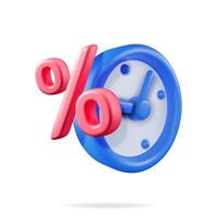 3D alarm clock with percentage sign isolated. Render clocks with percent symbol vector