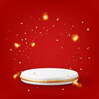 3D white podium with gold confetti isolated. Render stage mockup. Round winners platform. vector