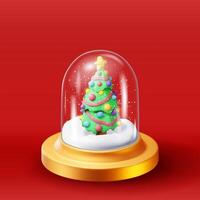 3D glass christmas snow globe with tree isolated. Render spere podium with fir tree vector