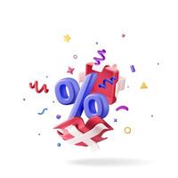 3D opened gift box with percentage symbol and confetti inside. vector