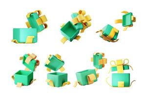 3D open gift box set isolated. Render collection of colorful box. Christmas, new year, sale, shopping. Present box with bows ribbons. vector