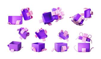 3D open gift box set isolated. Render collection of colorful box vector