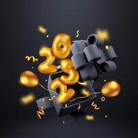3D open gift box with number sign 2025 and falling confetti. Render present box surprise. vector