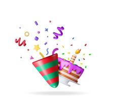 3D cake with candle and popper with confetti vector