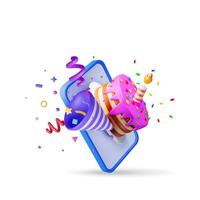 3D smartphone and cake with candle and confetti. Render phone with chocolate cake decorated with glaze icing vector