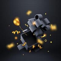 3D open gift box with golden confetti. Render black wrapped box vector