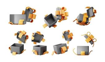 3D open gift box set isolated. Render collection of wrapped box vector