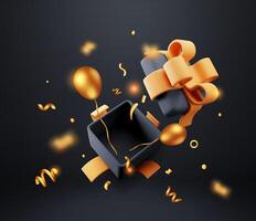 3D open gift box with golden confetti. Render black wrapped box. vector