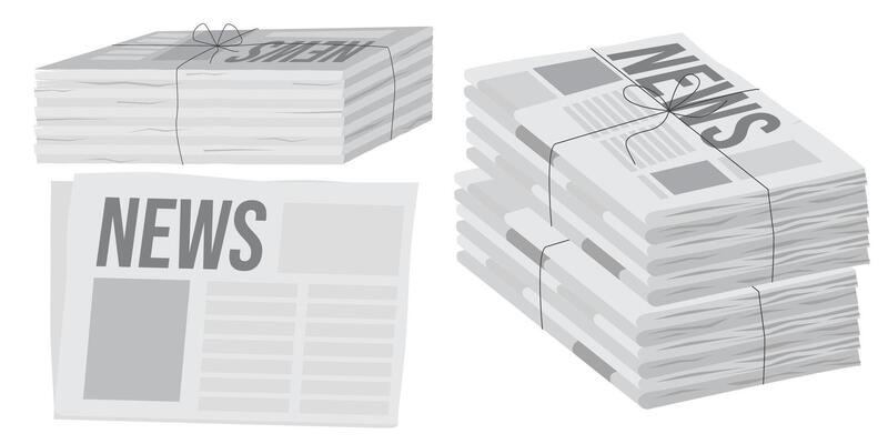 Pile of newspapers on white background. Stack of newspapers. Paper waste