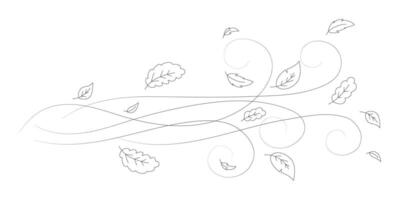 Doodle autumn leaves flying in the wind. Falling season outline backdrop, air flow leaves wave linear pattern or wind blowing doodle print. Autumn windy weather hand drawn monochrome background vector