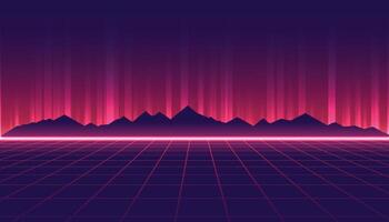 Abstract wireframe landscape. Retro futuristic grid. Technology neon background with mountains. vector