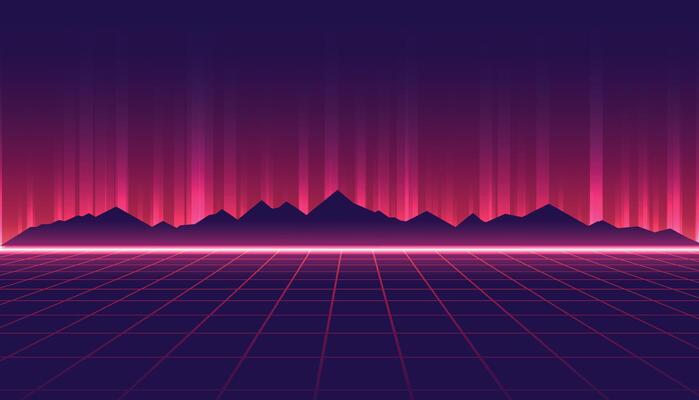 Abstract wireframe landscape. Retro futuristic grid. Technology neon background with mountains.