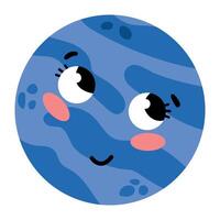 Planet Neptune with eyes and a smile. Kawaii vector