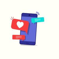 Smartphone with floating message bubbles. Speech bubbles in red with one displaying heart shape and others containing text lines. Flat design illustration for digital communication and social media vector
