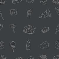 Seamless fast food pattern. fastfood background. Doodle fast food icons. Drawn food pattern vector