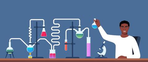 Scientist in chemistry laboratory working on research and exploration. Flasks, vials, test tubes with substance. Lab research, testing, studies in chemistry. illustration. vector